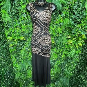 Women Dress Small Black Gold Sequin Lace Formal Gown Wedding KLOSET THERAPY 1240